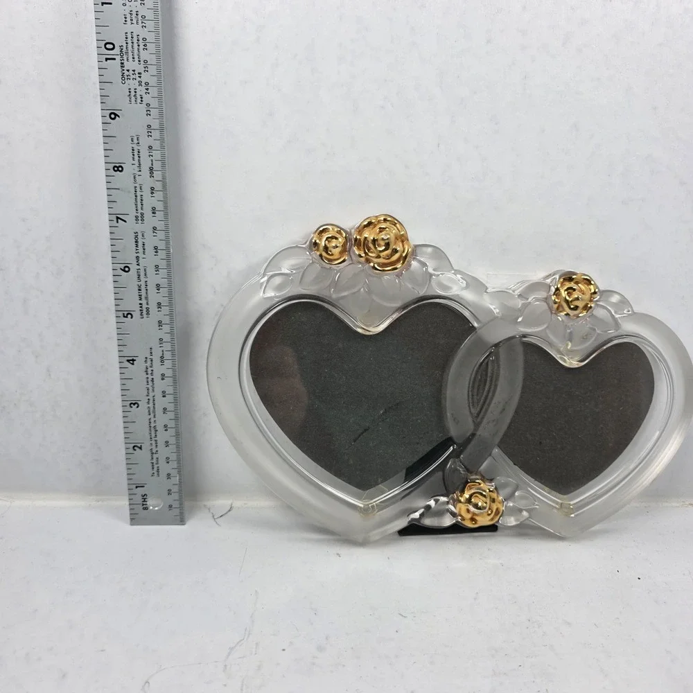 Vtg Mikasa Rosemont Double Heart Picture Frame Glass Crystal Gold Roses 7